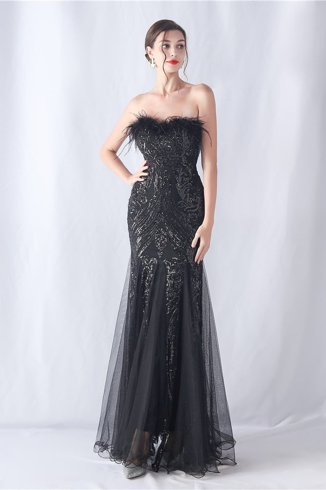 Pluma de Avestruz Lentejuelas Vestido de Fiesta de Noche