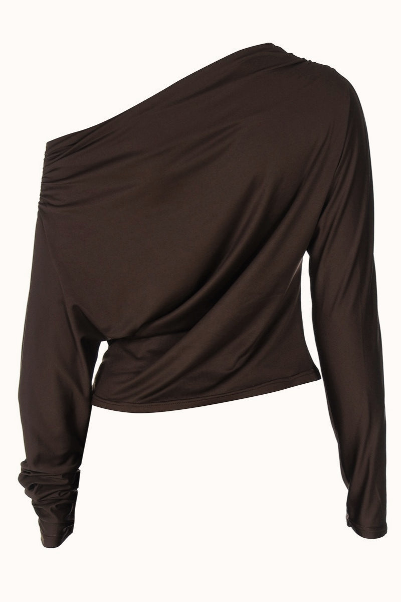 Ruched Asymmetric Shoulder Long Sleeve Tee