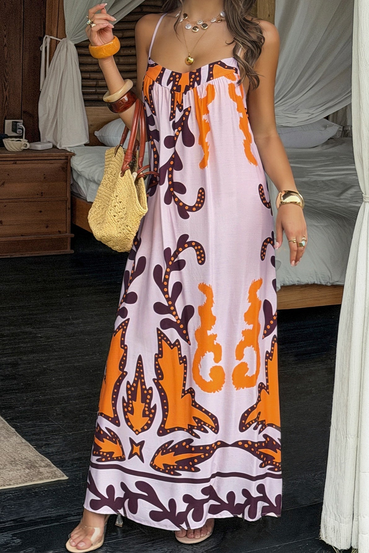 Vintage Orange Brown Floral Boho Maxi Dress