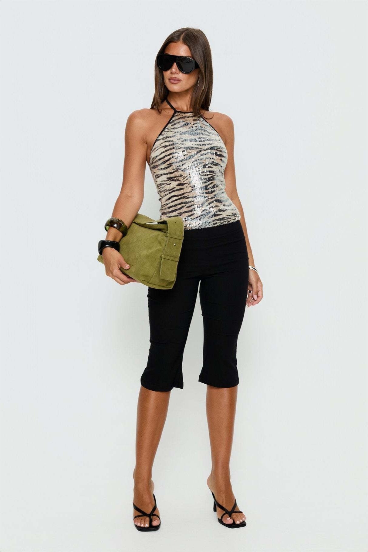 Sequin Tiger Print Tie Neck Halter Top