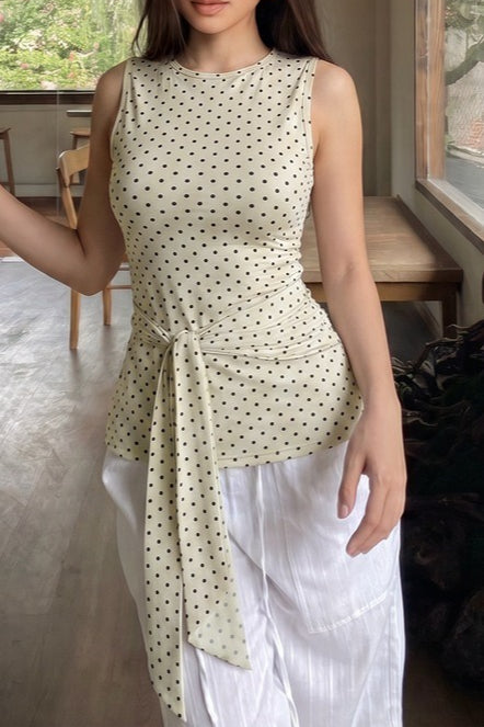 Beige Polka Dot Waist Tie Tank Top