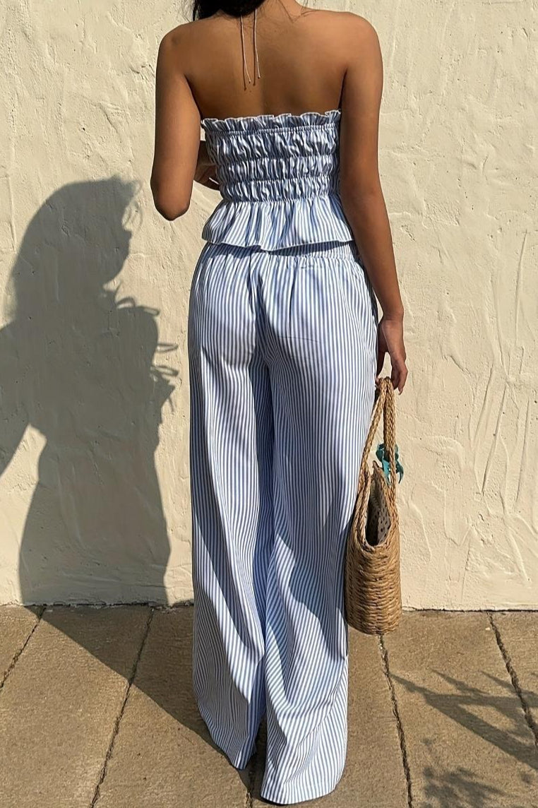 Striped Tie Front Tube Top Pants Set