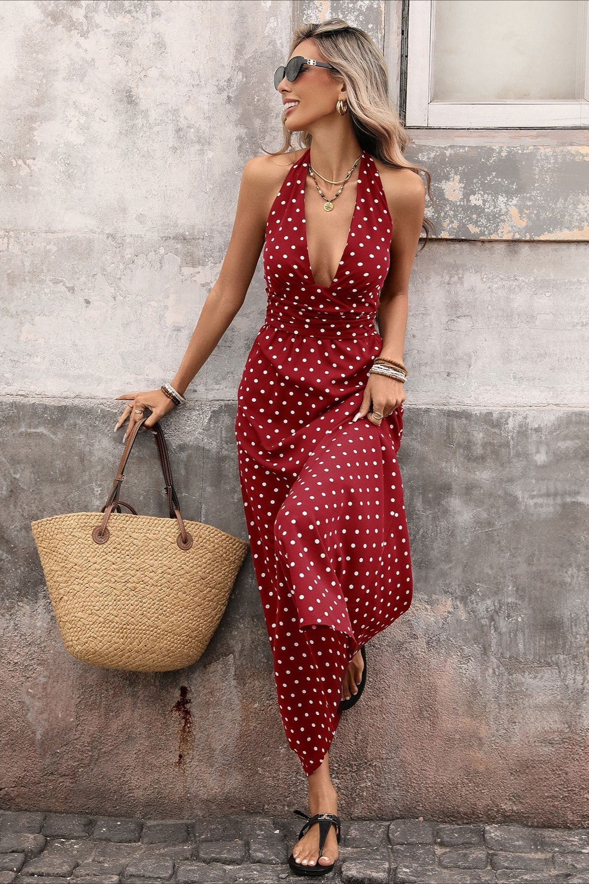 Retro Polka Dot Halter Deep V Maxi Dress
