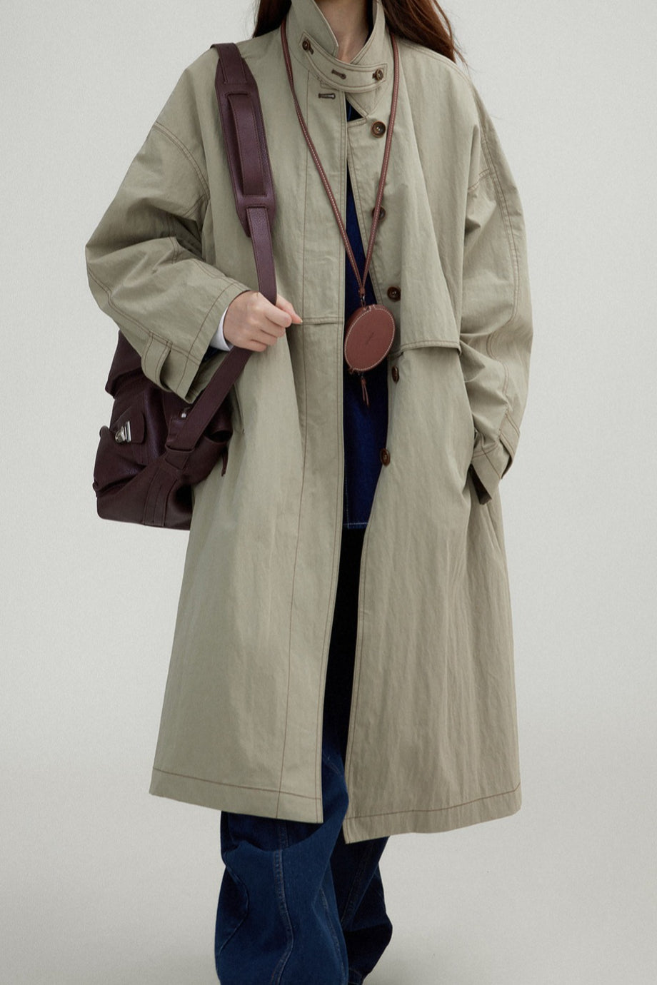 Vintage Stand Collar  Wash Long Overcoat