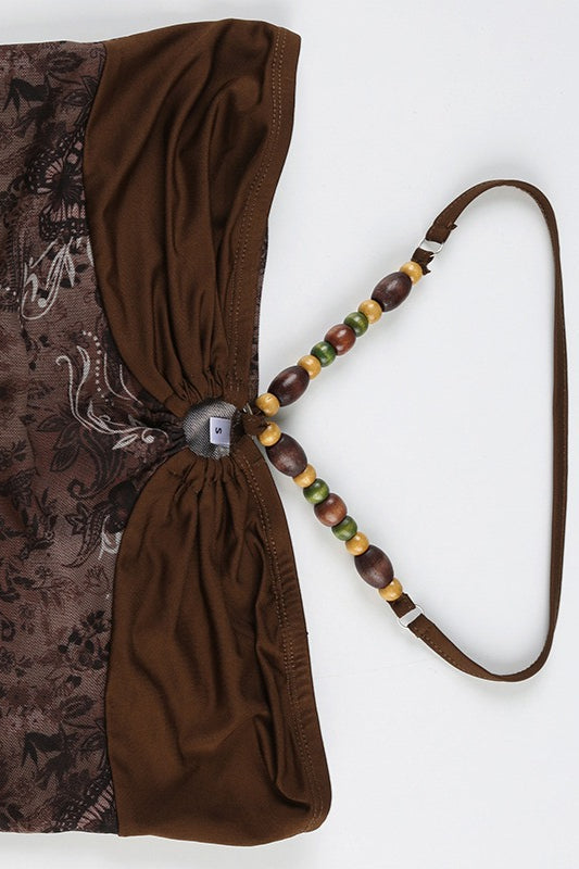 Vintage Asymmetric Printed Beaded Halter Top