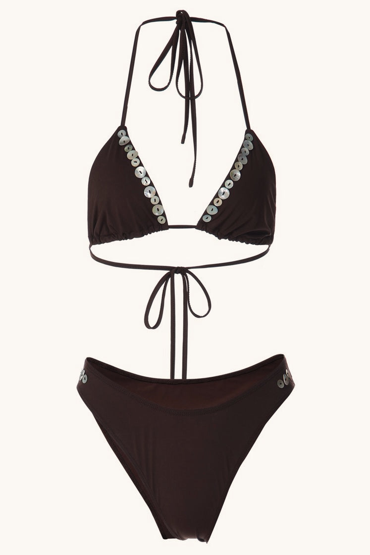 Shell Detail Halter Triangle Bikini Set