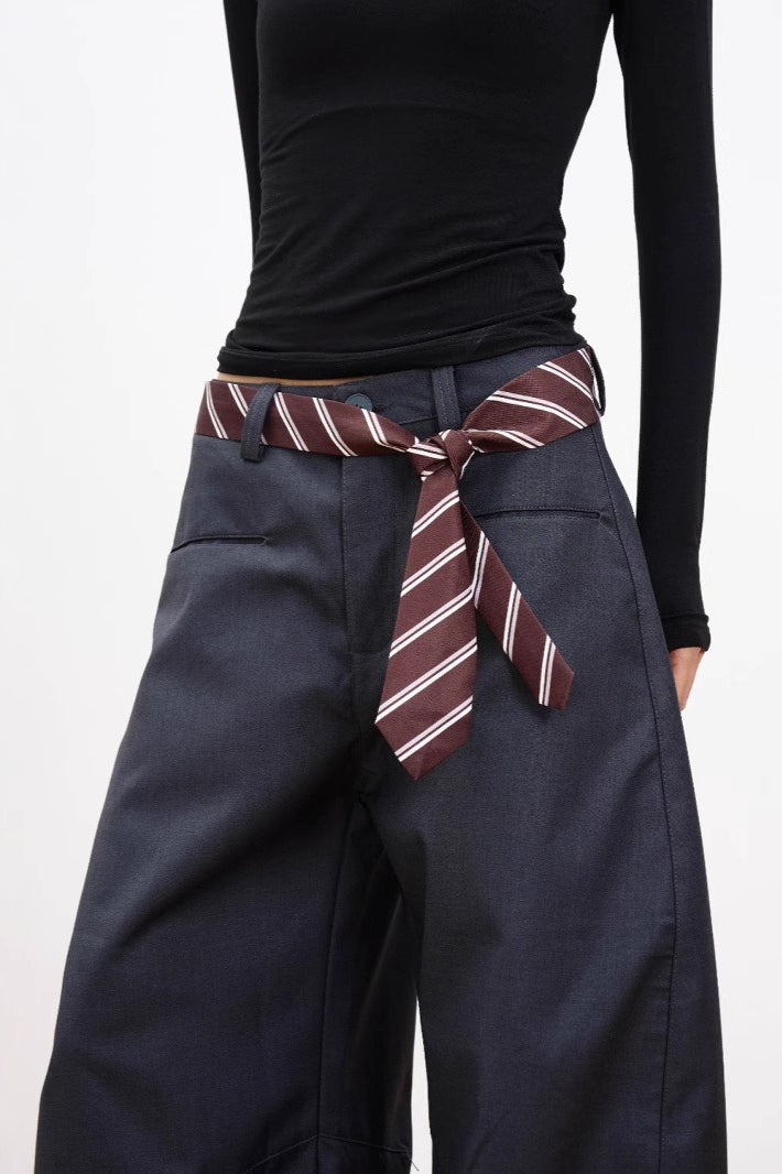 Casual Belt Detail Curved Wide Leg Pants