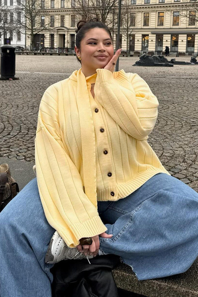 Yellow Ribbed Round Neck Knit Cardigan