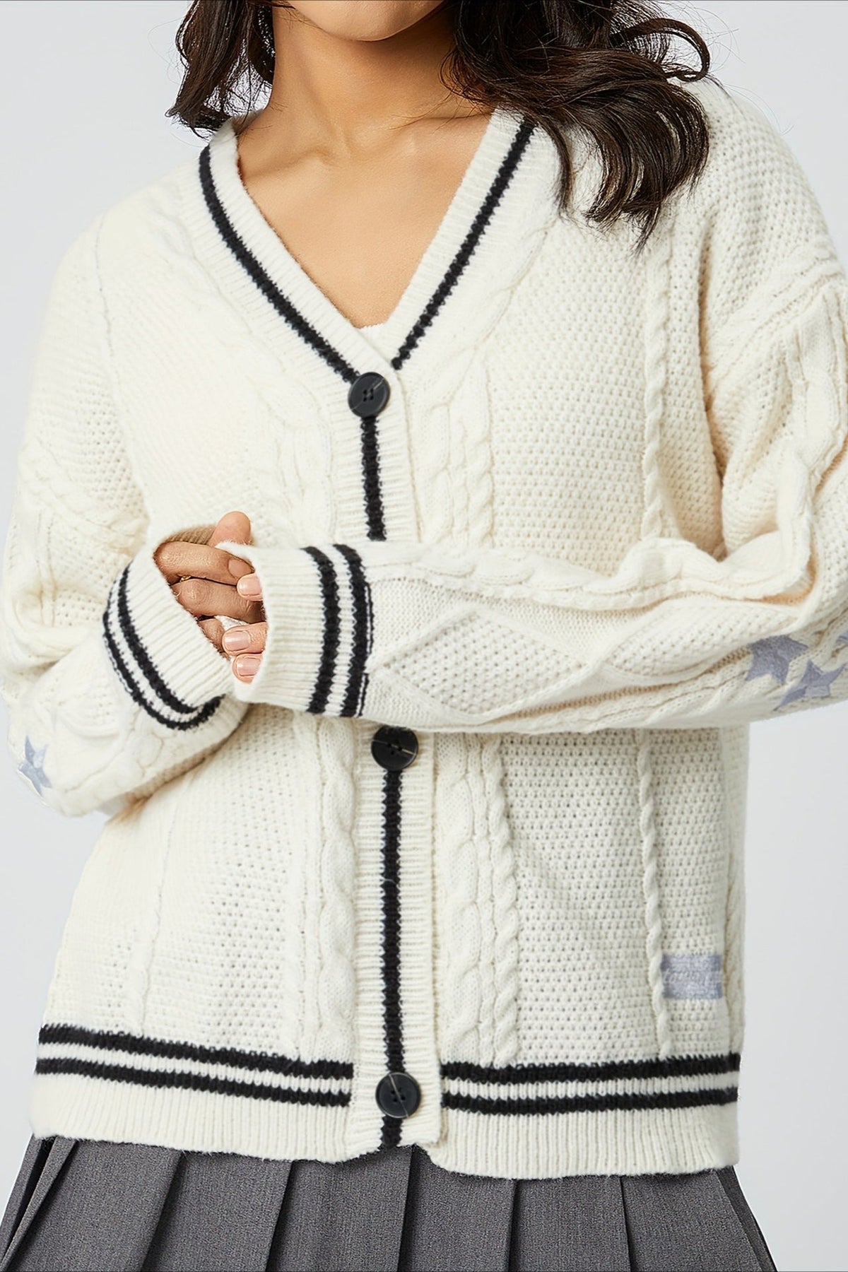 V Neck Star Motif Cable Knit Cardigan