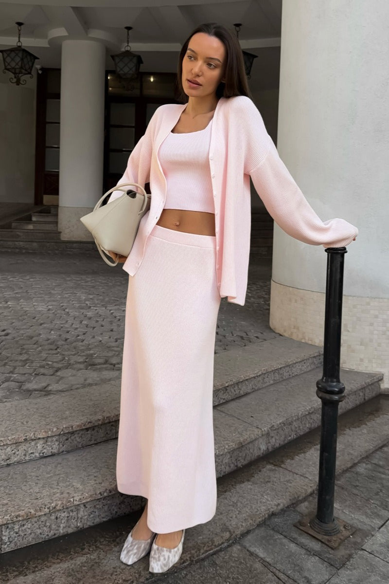 Cardigan Camisole Maxi Skirt Knit Set