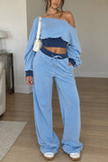 Off Shoulder Cropped Sweatshirt Pants Set