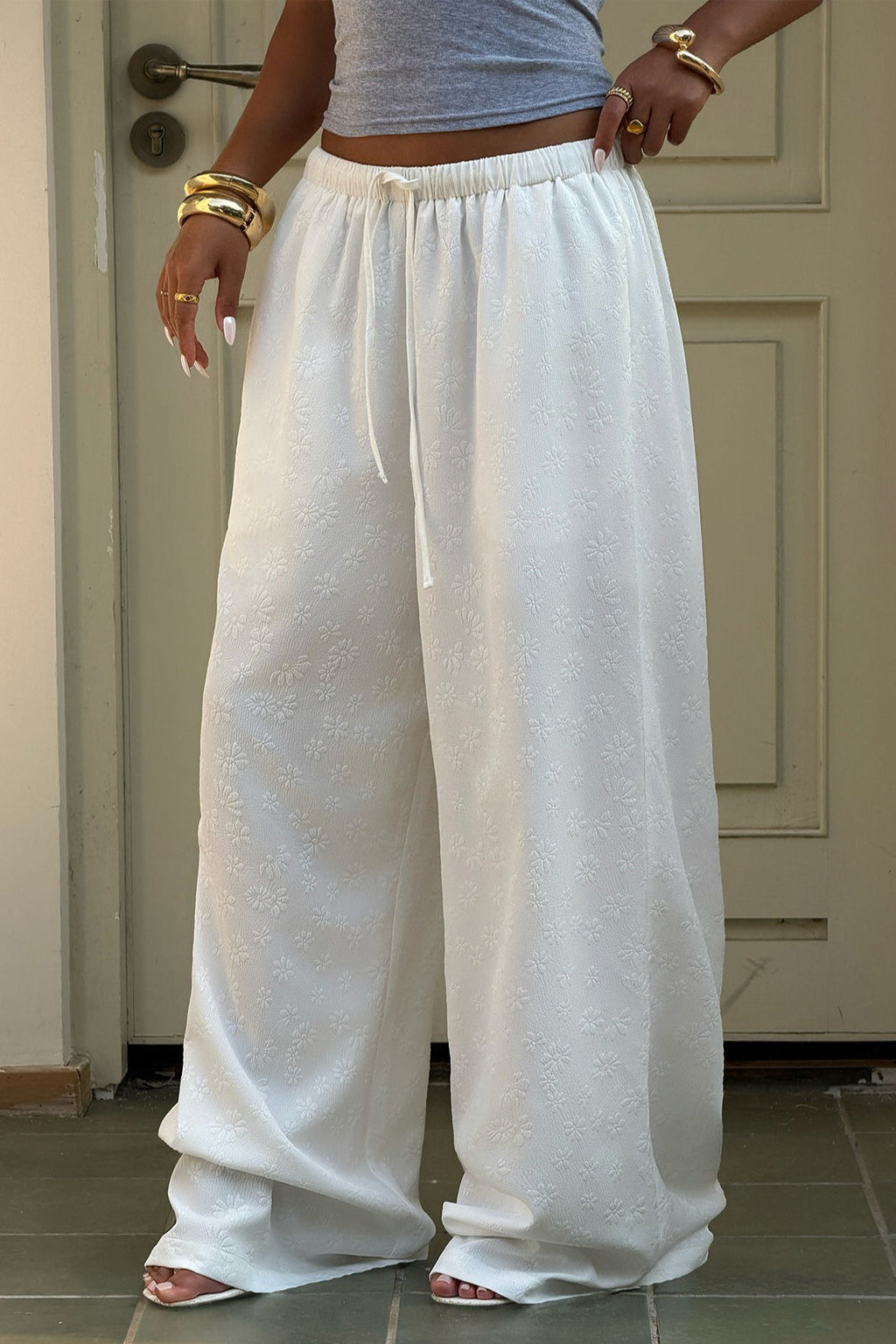 Solid High Waist Drawstring Wide Leg Pants
