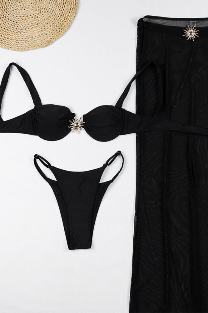 Solid Bra Style Cutout Three Piece Swim Set