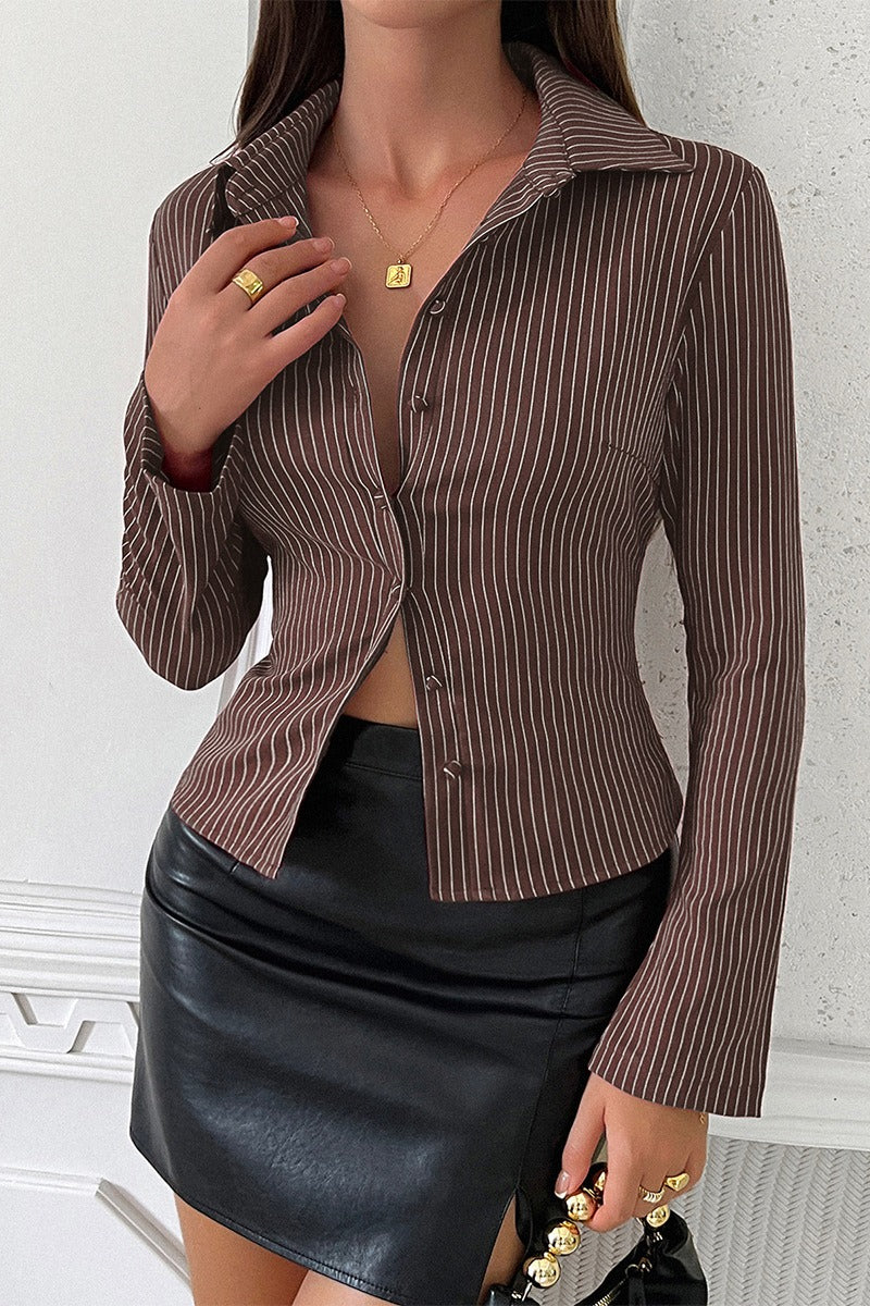 Liso A Rayas Manga Larga Blusa