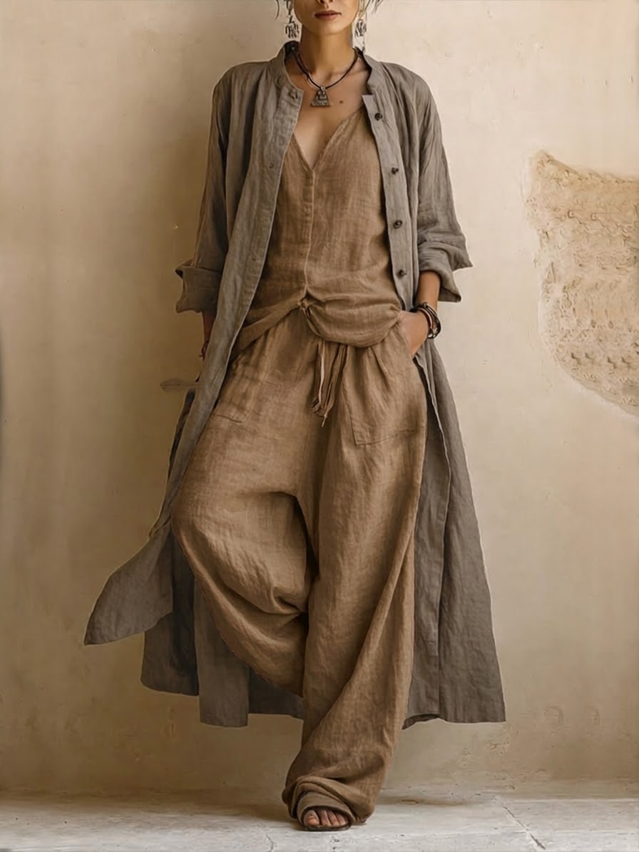 Donatella · Set da tre pezzi casual in lino e cotone: cardigan lungo, top senza maniche e pantaloni in stile bohemiano