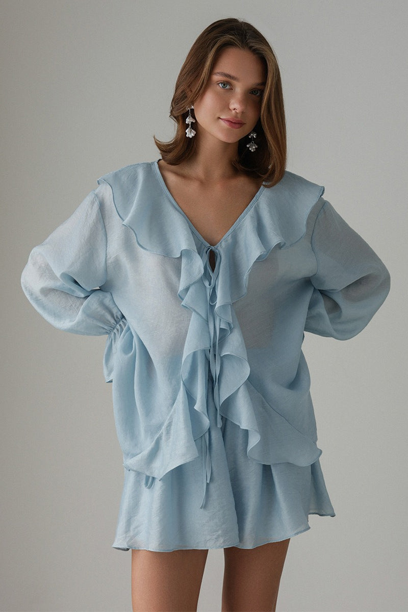 V Neck Ruffle Tie Front Blouse Shorts Set