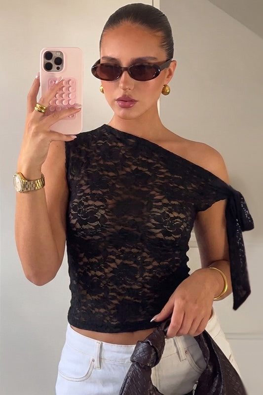 Lace Mesh Sheer Tie Asymmetric Crop Top