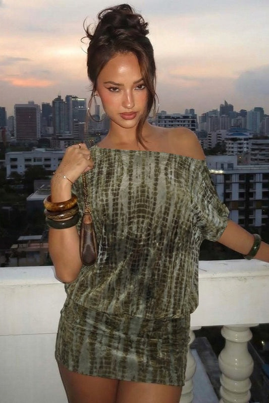 Green Croc Print One Shoulder Backless Mini Dress