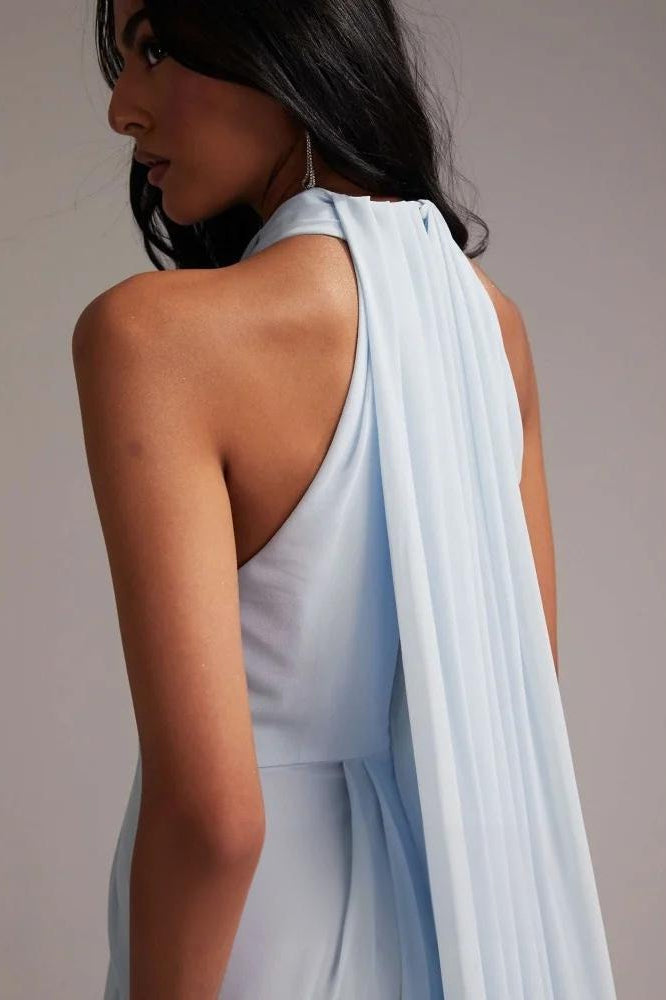 Elegante Halter Azul Claro Vestido Maxi de Fiesta