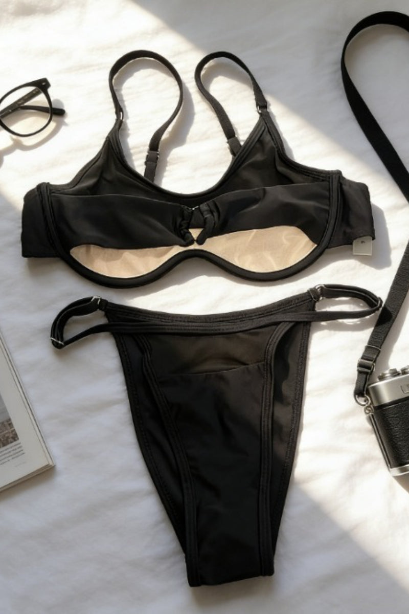 Black Hollow Strappy Metal Ring Bikini Set
