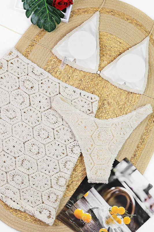 Chic Lace Halter Slim Fit Three Piece Swim Set