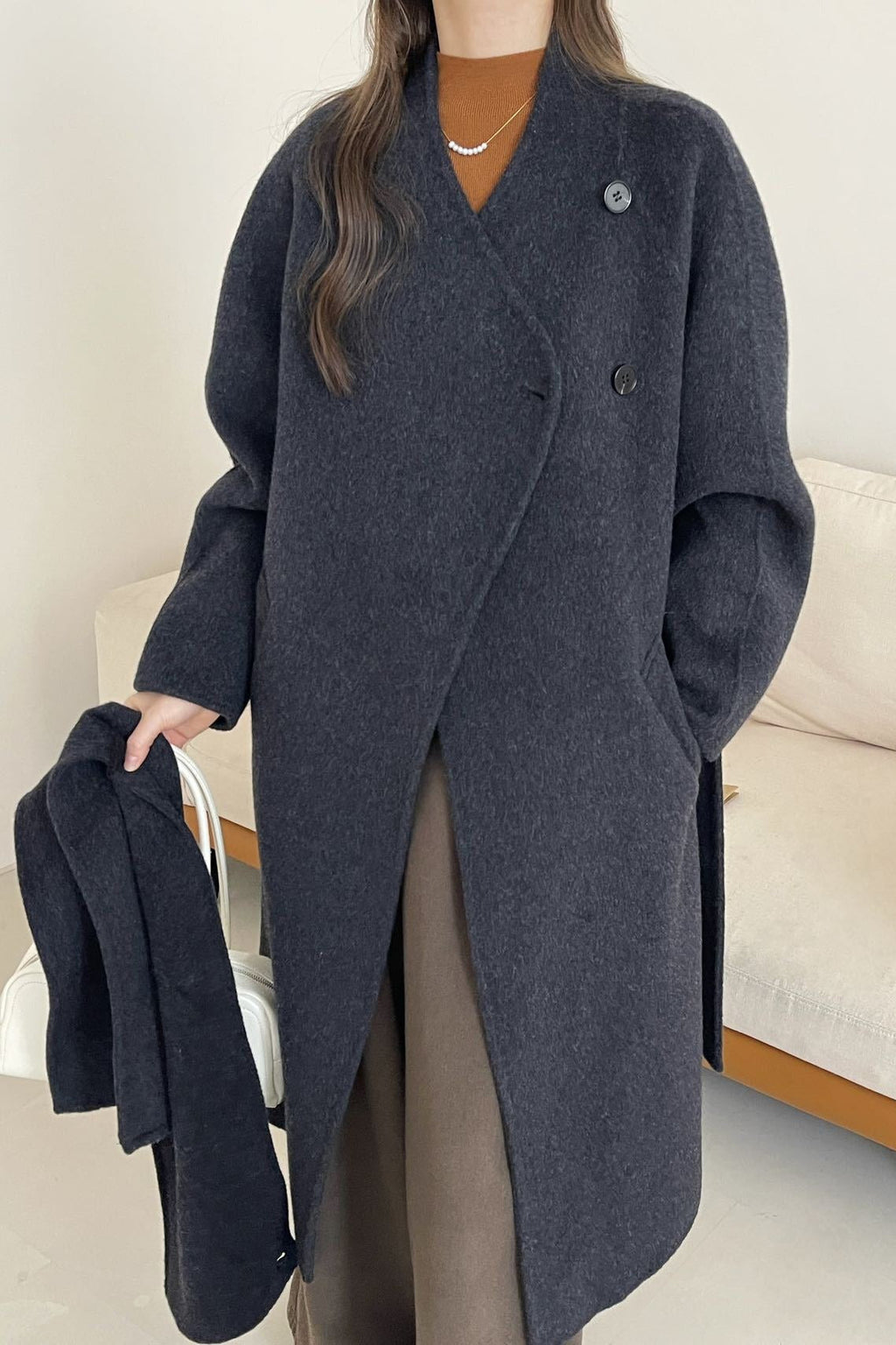 Wool Reversible Midi Scarf Style Overcoat