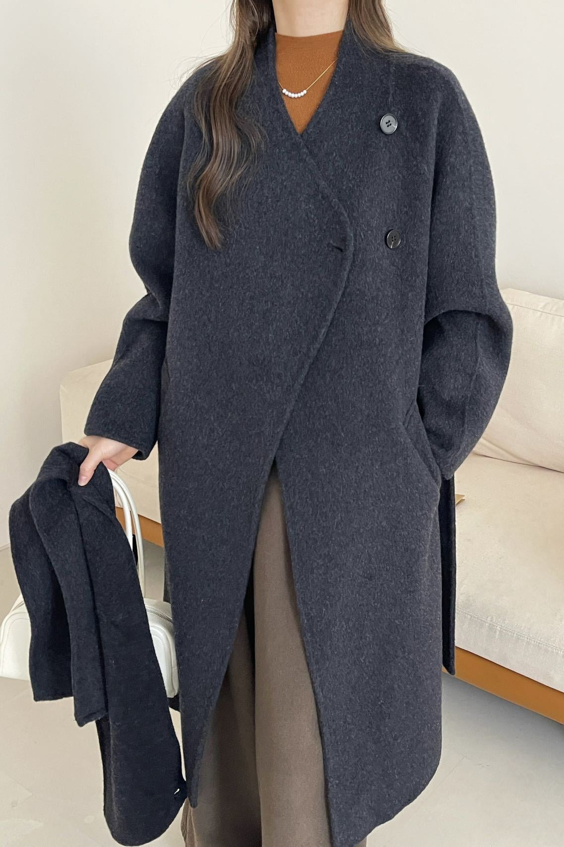 Wool Reversible Midi Scarf Style Overcoat