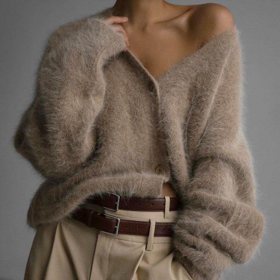 V-Neck Mink Wool Knit Cardigan