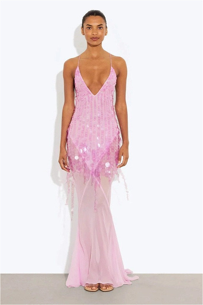 Lentejuelas Sirena Escote en V Vestido Maxi