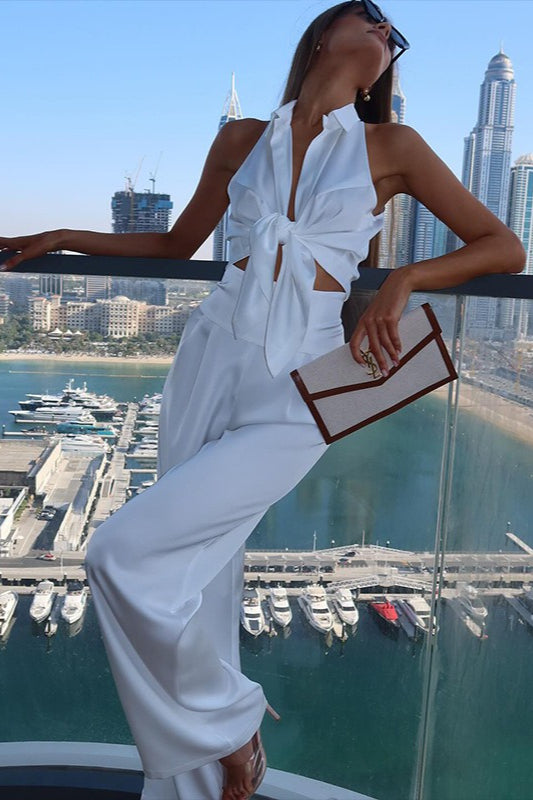 Satin Lapel Tie Front Top High Waist Pants Set
