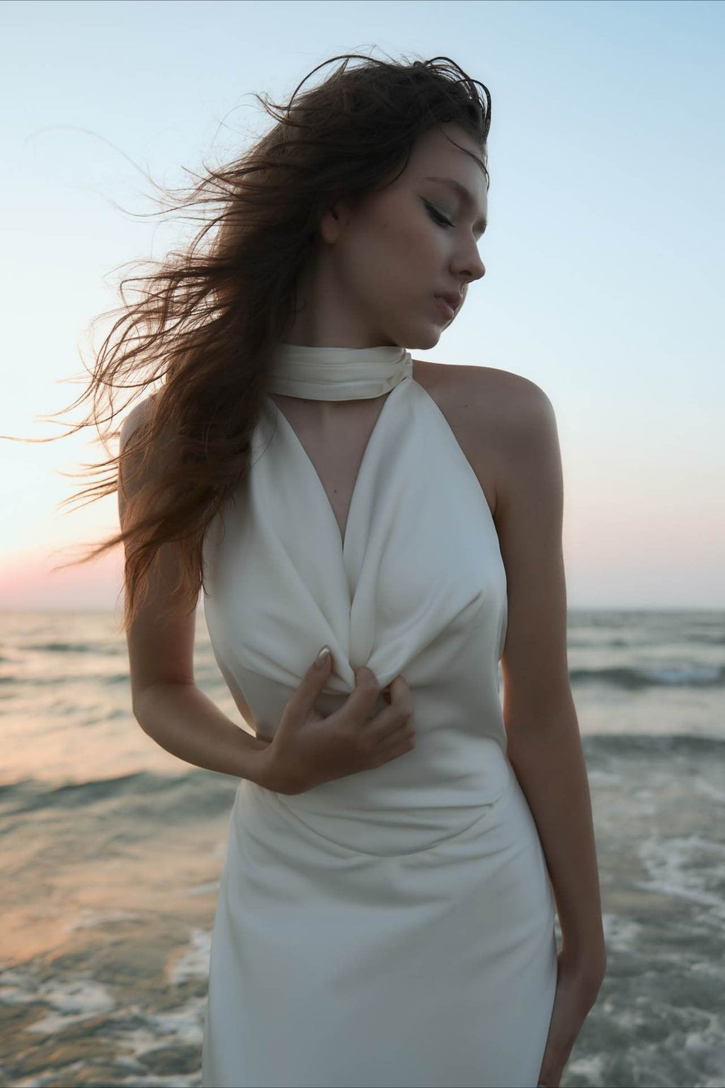 Satén Escote en V Halter Espalda Descubierta Vestido Maxi de Fiesta