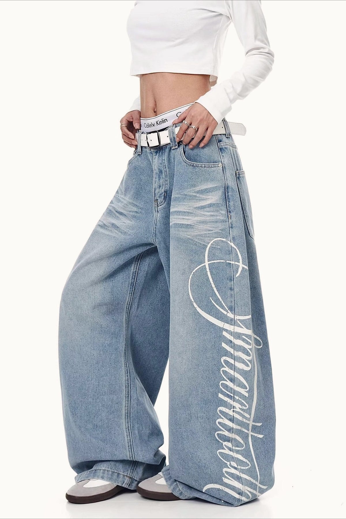 Letter Printed Slouchy Wide Leg Versatile Jeans