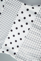 Retro style halter maxi dress with polka dots, patchwork, and ruching