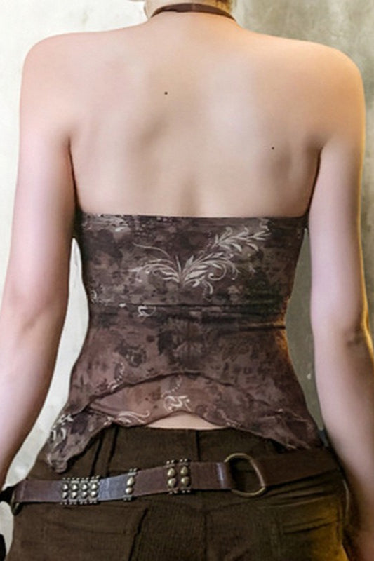 Vintage Asymmetric Printed Beaded Halter Top