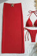 Conjunto de baño de tres piezas con falda larga de malla y detalle de estrella de mar