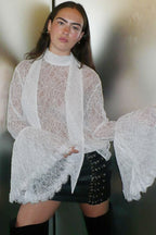 Sexy Blouse with Lace Ruffled Neck and Ruffled Sleeves