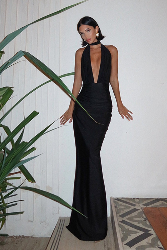 Escote en V Halter Espalda Descubierta Con Abertura Vestido Maxi de Fiesta