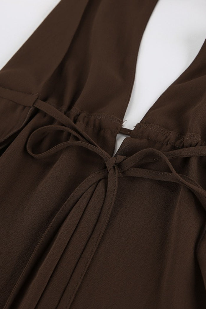 Sexy Cinched Brown Chiffon Halter Top