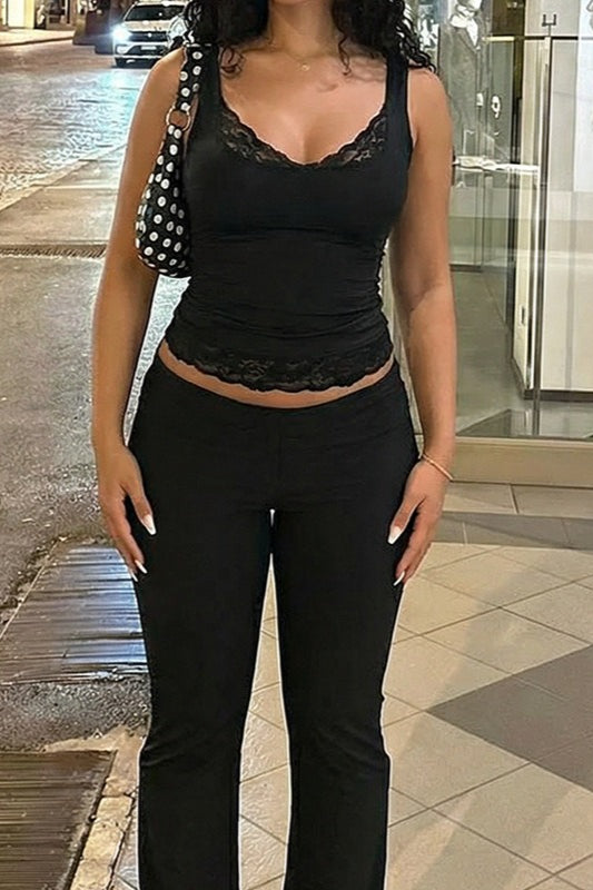 Solid Lace Trim Cropped Tank Top