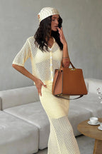 Openwork Collared Cardigan Maxi Skirt Set