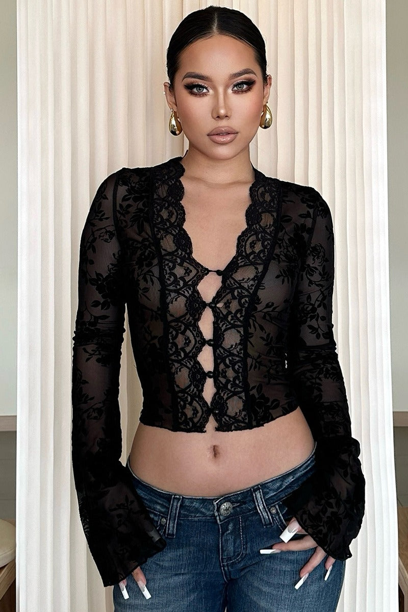 Printed Mesh Lace Trim Button Front Blouse