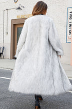Long faux fur coat with V-neck