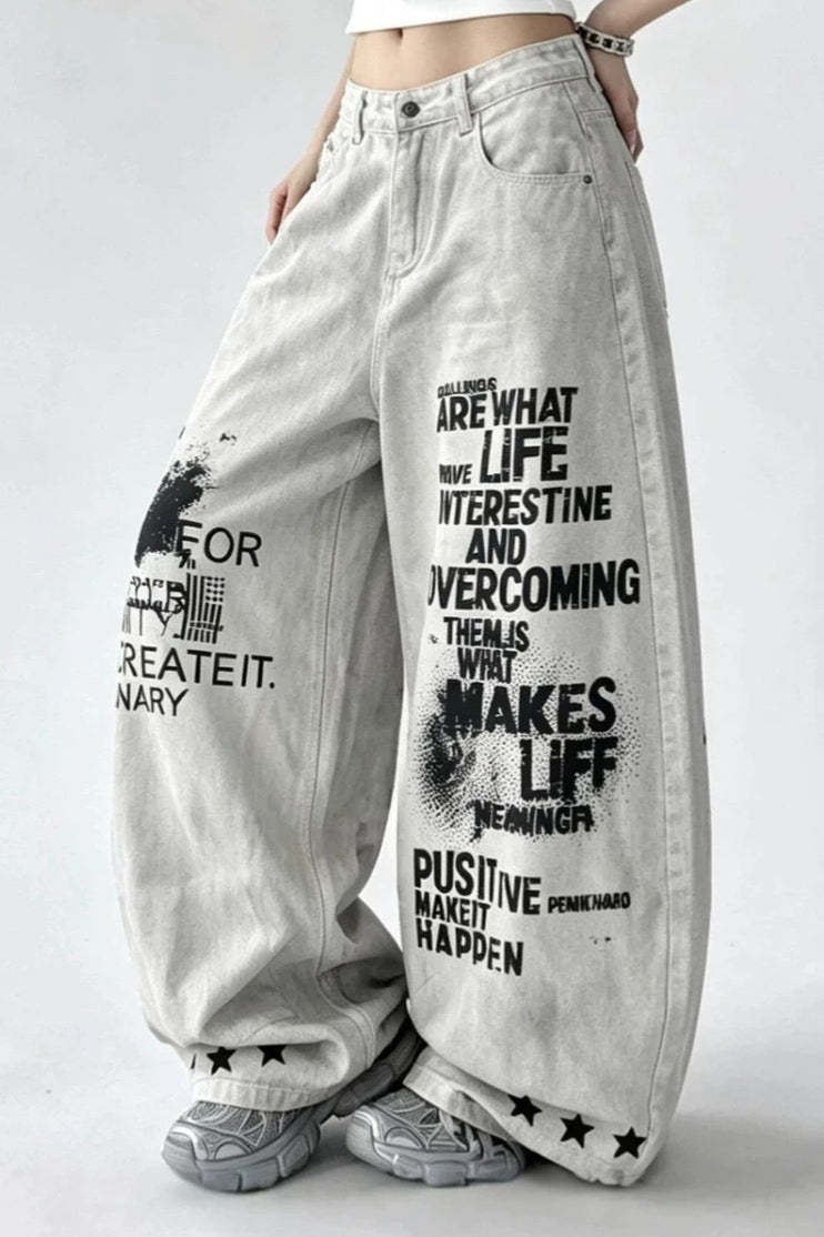 Letter Graffiti Distressed Loose Barrel Leg Jeans