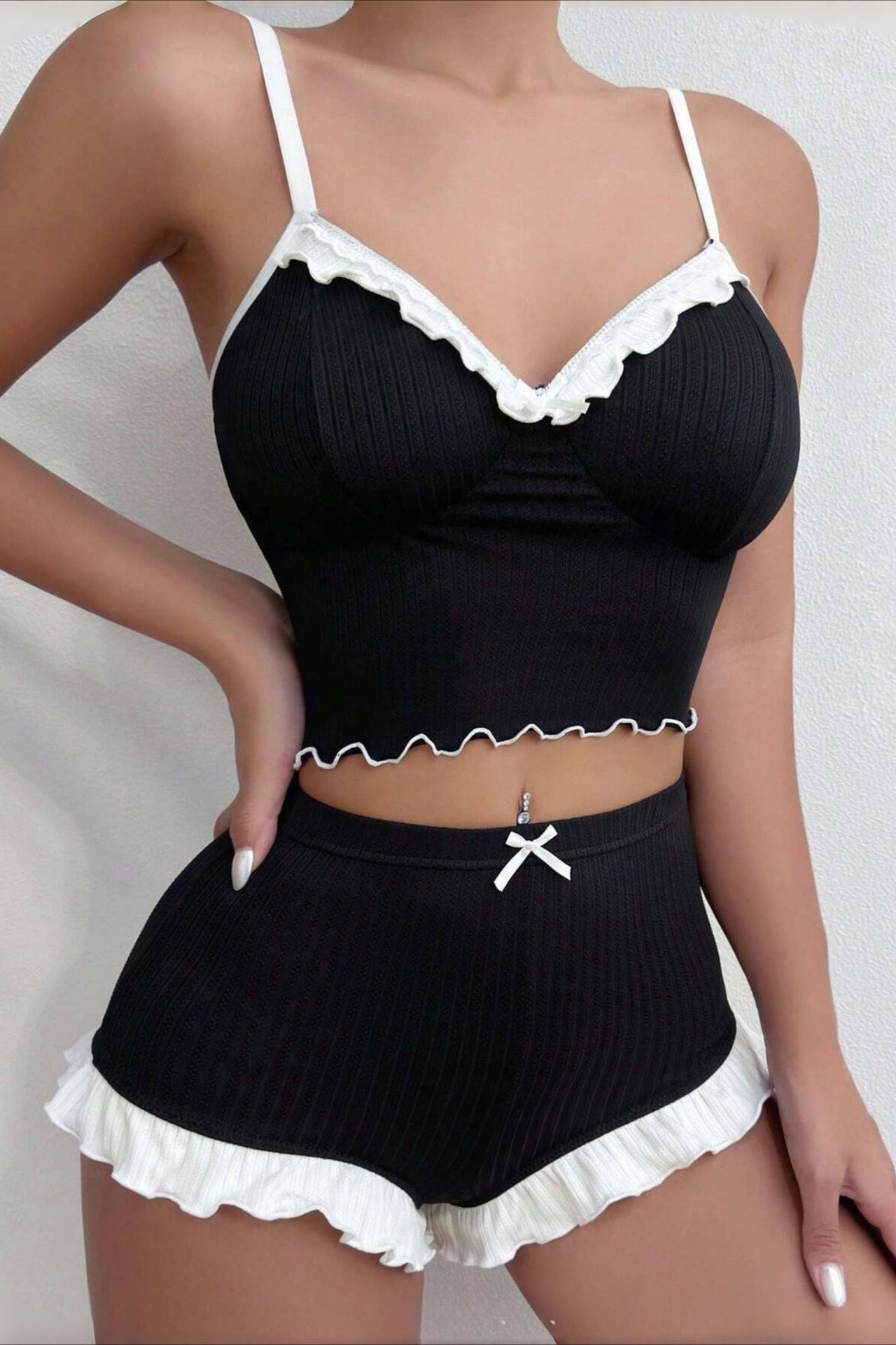 Lace Patchwork Cami Frill Shorts Set