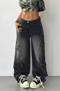 Frayed Star Applique Wide Leg Jeans