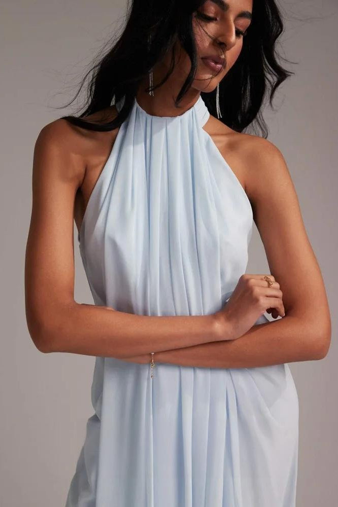 Elegante Halter Azul Claro Vestido Maxi de Fiesta