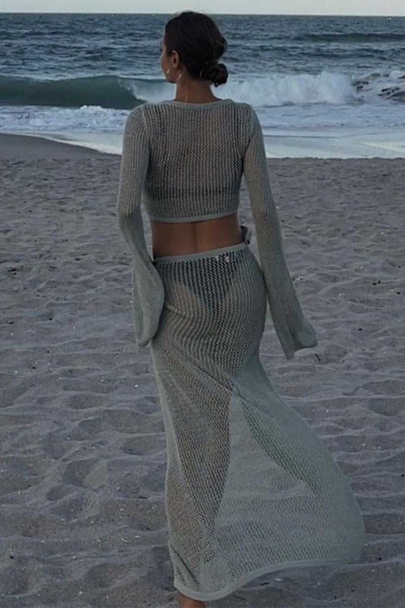 Beach Knit Hollow Cropped Top Skirt Set