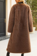 Long faux fur coat with V-neck