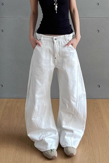 White High Rise Curved Wide Leg Jeans