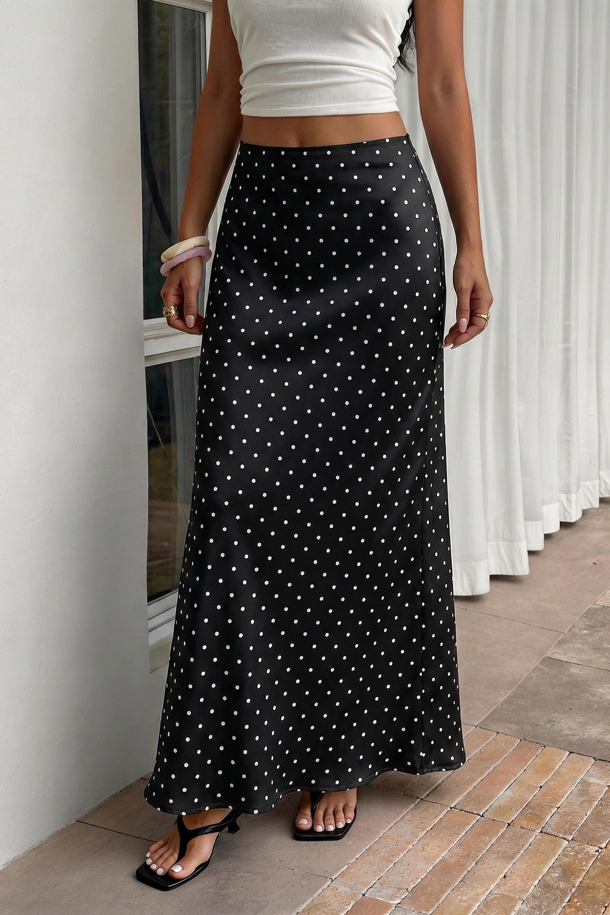 Polka Dot Satin High Waist Skirt